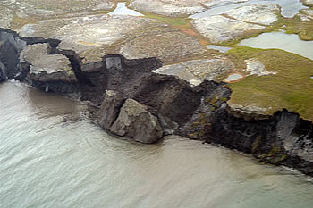 As permafrost thaws, the land, atmosphere, water resources, ecosystems, and human communities are affected. Coastal areas and hillsides are vulnerable to erosion by thawing of permafrost.  Thawing permafrost also causes a positive feedback to global warming, as carbon trapped within the once-frozen soils is released as <a href="/physical_science/chemistry/methane.html&edu=high&dev=">methane</a>, a powerful <a href="/earth/climate/cli_greengas.html&edu=high&dev=">greenhouse gas</a>.
Watch the NBC Learn video - <a href="/earth/changing_planet/permafrost_methane_intro.html&edu=high&dev=">Thawing Permafrost and Methane</a> to find out more.<p><small><em>Image courtesy of the    USGS</em></small></p>