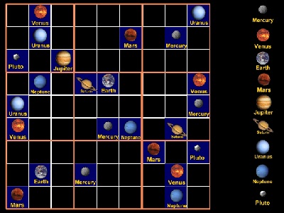 Play our <a href="/games/sudoku/sudoku.html&edu=high&dev=">Eight Planets and a Dwarf Sudoku</a>!  The regular rules of Sudoku apply - each planet can only appear once in each column or row, and only once in each 3x3 box.  Learn more about the planets, too!  You can vary the game from very easy to challenging.<p><small><em></em></small></p>