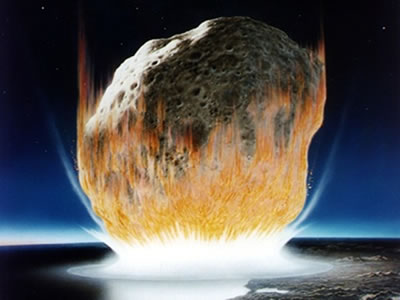 Representacin artstica del momento del impacto de un masivo <a  href="/our_solar_system/meteors/meteors.html&edu=elem&lang=sp">meteorito</a> al final del Cretceo. Muchos cientficos han concluido desde hace dcadas que un meteorito impact la Tierra en esa poca, resultando en una <a href="/earth/past/KTextinction.html&edu=elem&lang=sp">extincin masiva de dinosaurios</a> y de otras muchas formas de vida. Investigaciones recientes surgieren que quizs <a href="/headline_universe/olpa/chicxulub.html&edu=elem&lang=sp" class=outlink>erupciones volcnicas masivas</a> pueden haber sido responsables por la extincin.<p><small><em>Cortesa de Don Davis, NASA</em></small></p>