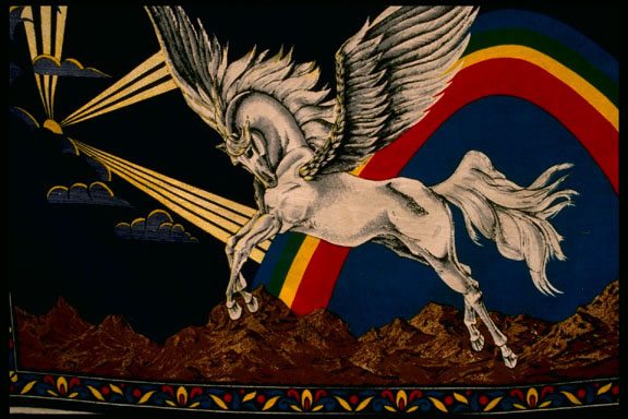 Pegasus was a winged horse that came out of Medusa when she was be-headed by <a href="/mythology/perseus.html&edu=high">Perseus</a>.
This is a mural of Pegasus from Turkey.<p><small><em>   Image courtesy of Corel corporation.</em></small></p>