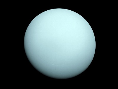 The plain aquamarine face of Uranus confirms the fact that Uranus is covered with <a href="/uranus/atmosphere/U_clouds_overview.html&edu=high">clouds</a>. The sameness of the planet's appearance shows that the planet's atmosphere is mostly <a href="/uranus/atmosphere/U_atm_compo_overview.html&edu=high">composed</a> of one thing, methane. The planet appears to be blue-green because the <a href="/physical_science/chemistry/methane.html&edu=high">methane</a> gas of the atmosphere traps red light and does not allow that color to escape. This image was taken by <a href="/space_missions/voyager.html&edu=high">Voyager 2</a> in 1986.<p><small><em>Image courtesy of NASA</em></small></p>