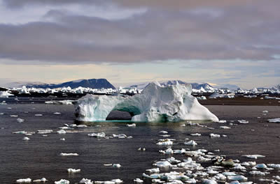 Icebergs floating near Cape York, Greenland
  in September 2005. Icebergs are large pieces of ice floating in
  the <a href="/earth/Water/ocean.html&edu=high&dev=1">ocean</a>
  that have broken off of <a
  href="/earth/polar/cryosphere_glacier1.html&edu=high&dev=1">ice
  shelves or glaciers</a> in <a
  href="/earth/polar/polar.html&edu=high&dev=1">Earth's polar
  regions</a>. They are a part of the <a
  href="/earth/polar/cryosphere_intro.html&edu=high&dev=1">cryosphere</a>.
  Approximately 90% of an iceberg's <a
  href="/glossary/mass.html&edu=high&dev=1">mass</a> is below
  the surface of the seawater. Because ice is less dense than water, a small
  portion of the iceberg stays above the seawater.<p><small><em>Image courtesy of   Mila Zinkova, Creative Commons Attribution ShareAlike license</em></small></p>